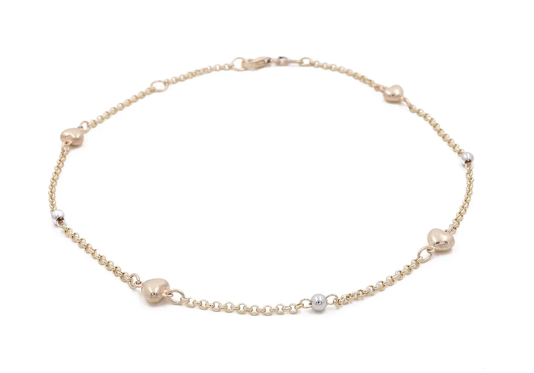 14K Two Tone Gold Heart Ankle Women’s Bracelet / Size: 10.5” / Weight: 3.3 GR / ISABTT4HR
