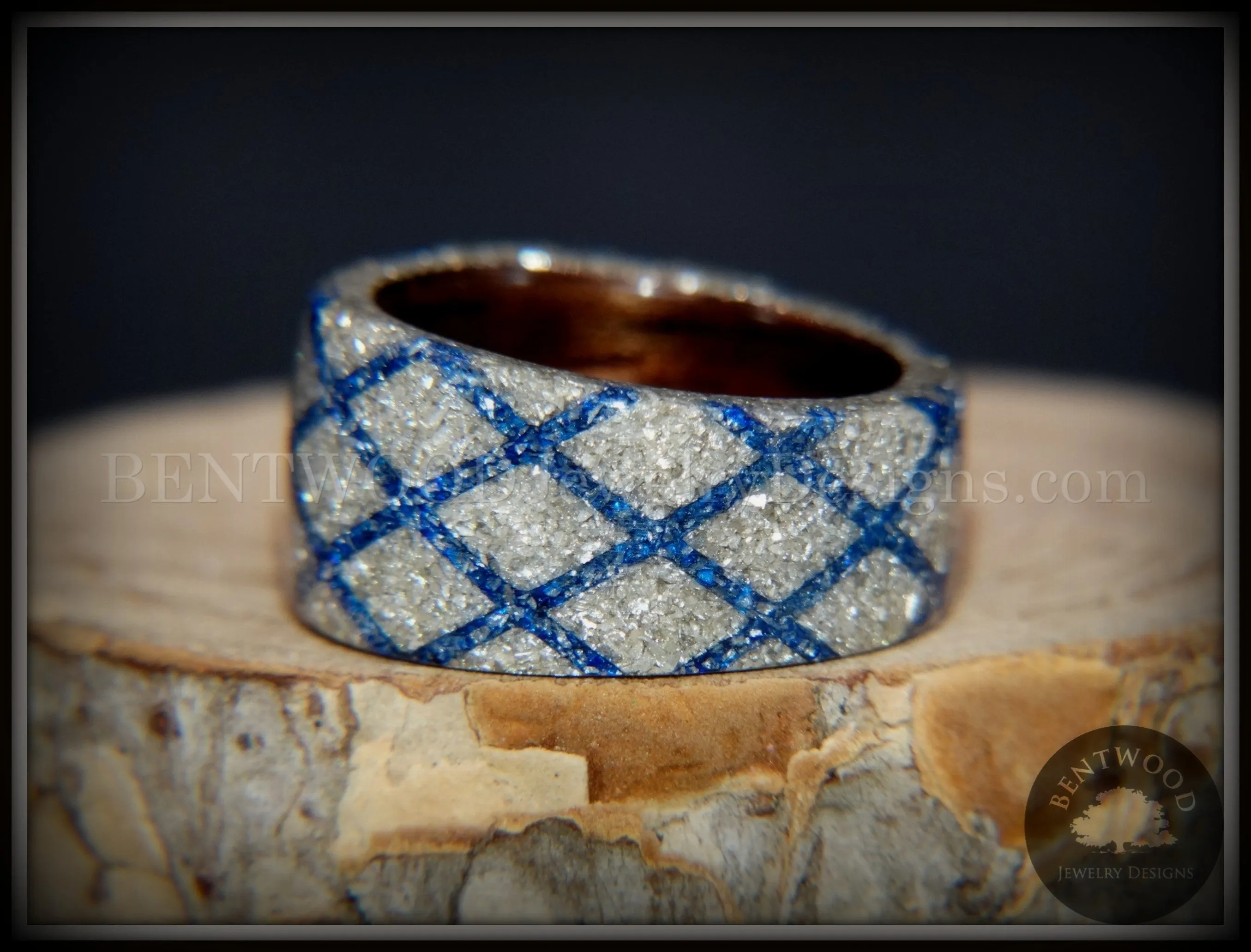 Bentwood Ring - "The Blue Diamond Waffle Wedge" Ebony Wood German Silver and Blue Glass Inlay