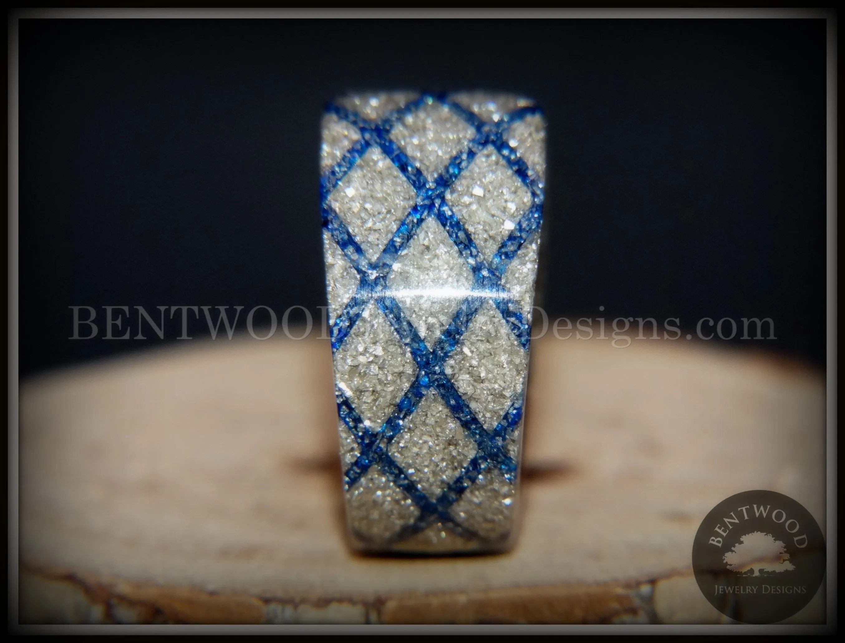 Bentwood Ring - "The Blue Diamond Waffle Wedge" Ebony Wood German Silver and Blue Glass Inlay