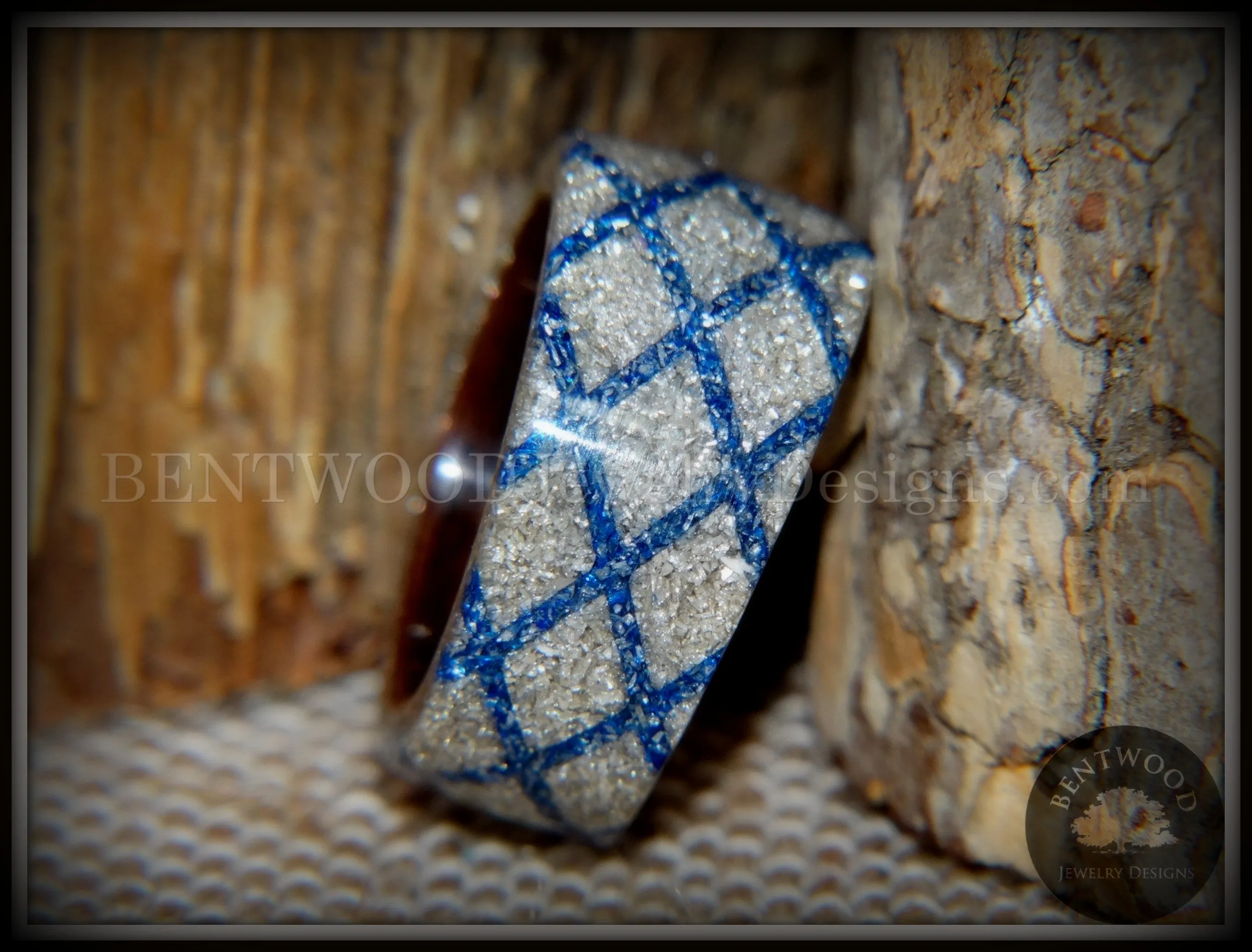 Bentwood Ring - "The Blue Diamond Waffle Wedge" Ebony Wood German Silver and Blue Glass Inlay