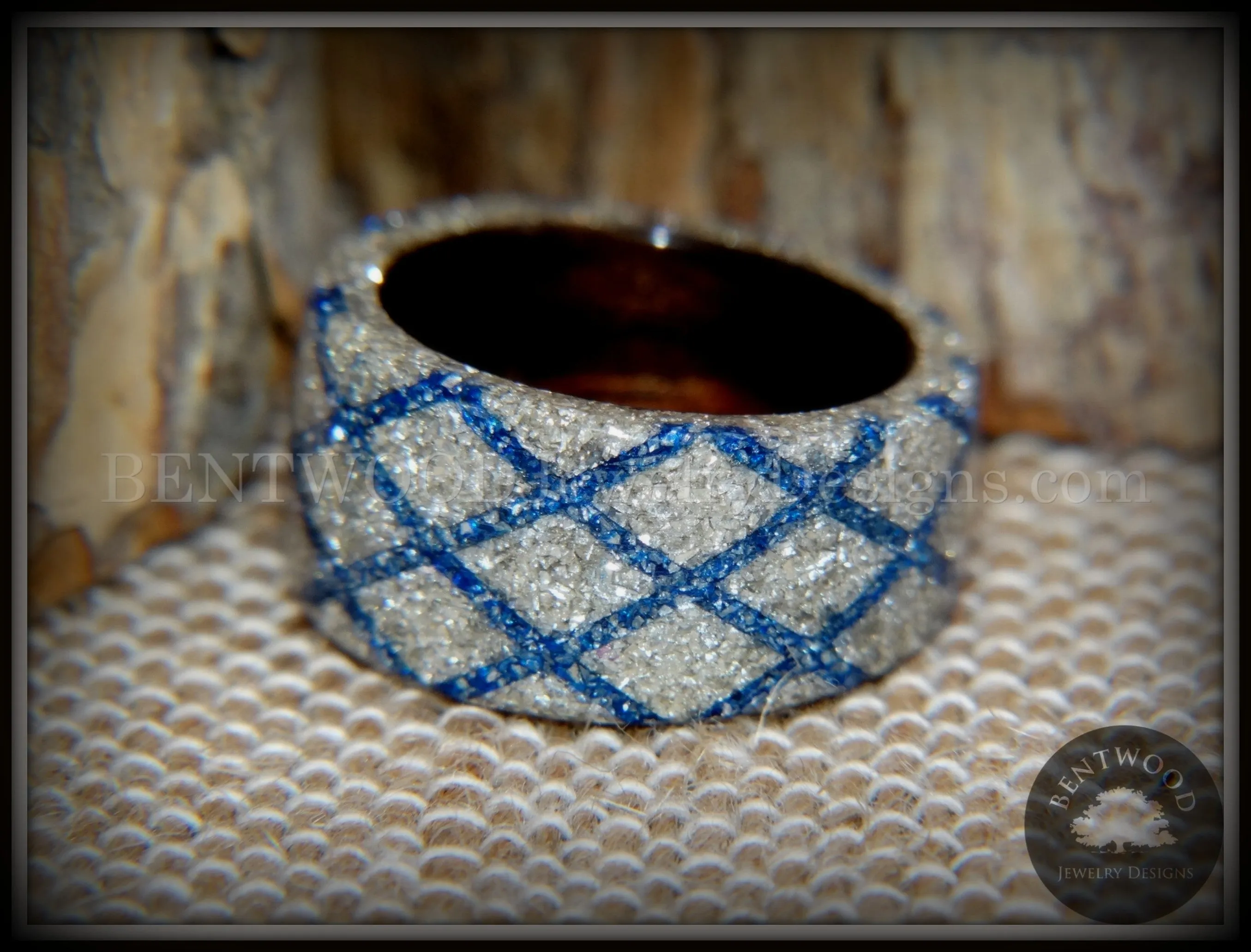 Bentwood Ring - "The Blue Diamond Waffle Wedge" Ebony Wood German Silver and Blue Glass Inlay