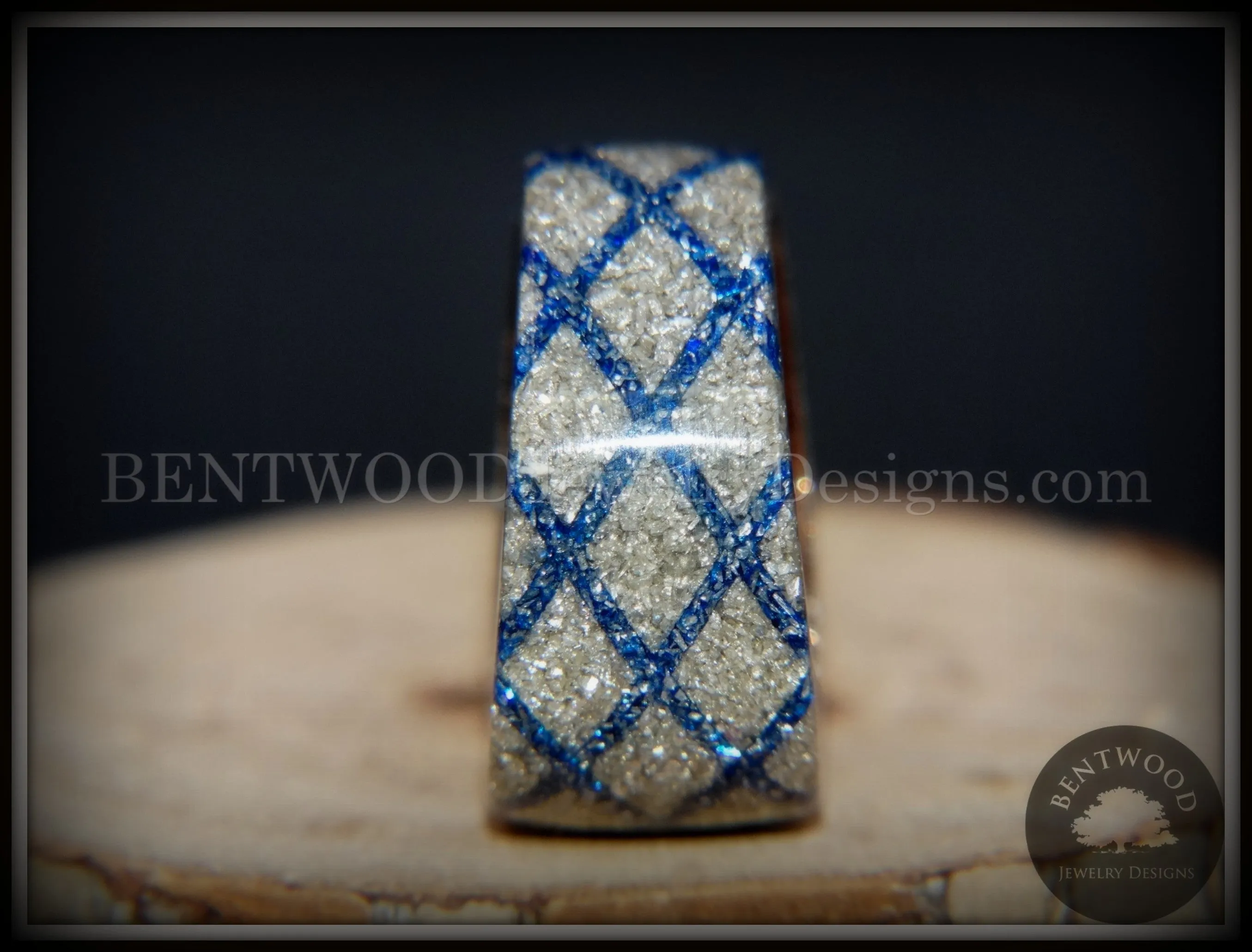 Bentwood Ring - "The Blue Diamond Waffle Wedge" Ebony Wood German Silver and Blue Glass Inlay