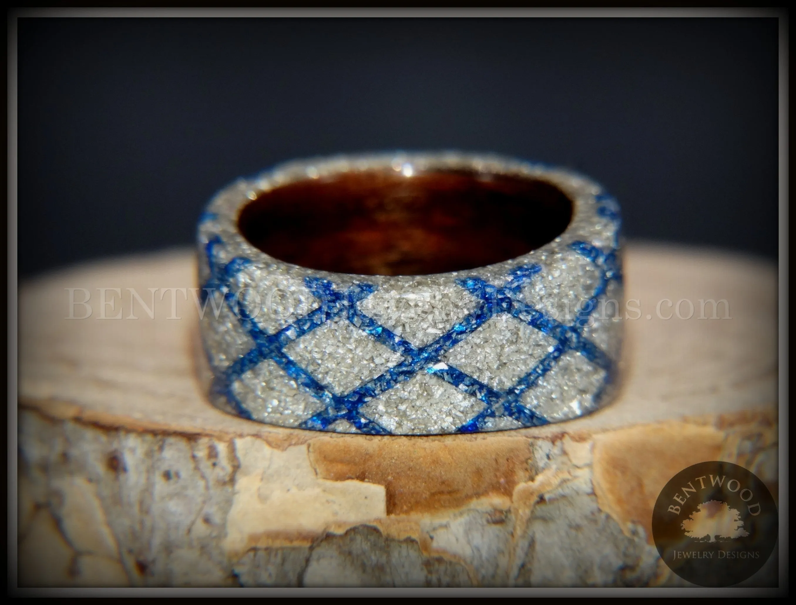 Bentwood Ring - "The Blue Diamond Waffle Wedge" Ebony Wood German Silver and Blue Glass Inlay