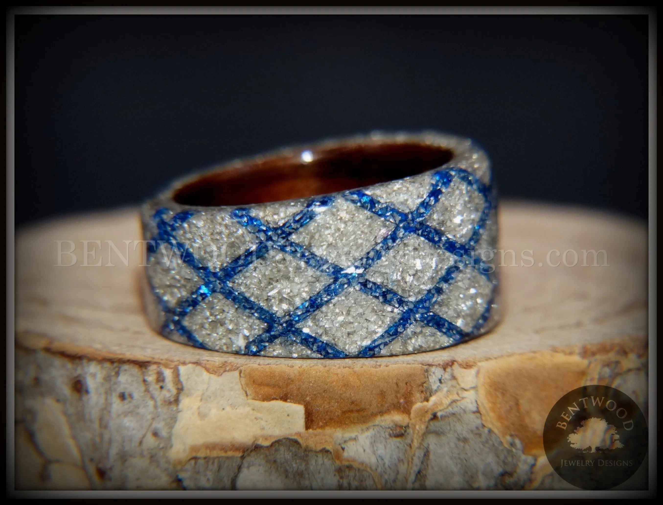 Bentwood Ring - "The Blue Diamond Waffle Wedge" Ebony Wood German Silver and Blue Glass Inlay