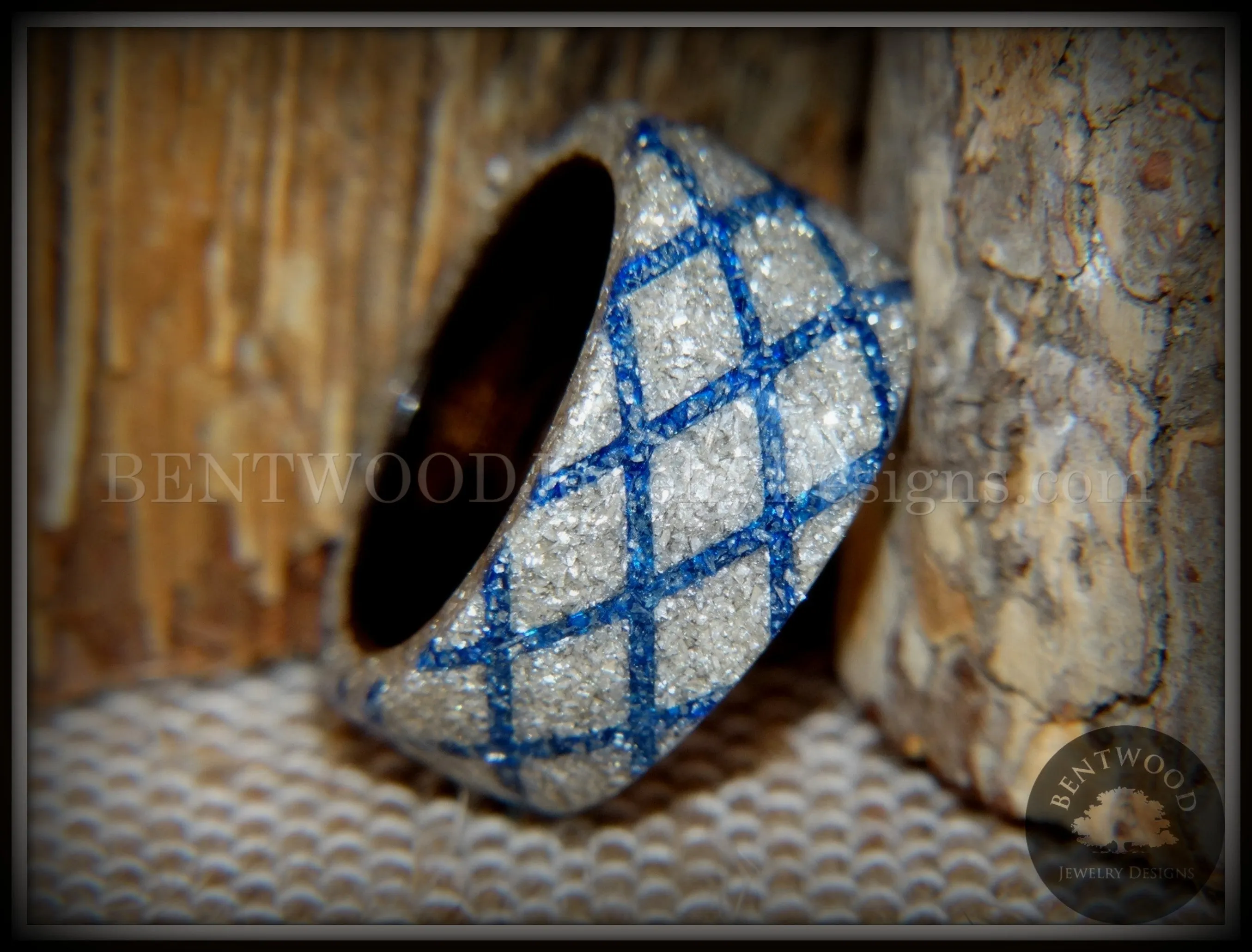 Bentwood Ring - "The Blue Diamond Waffle Wedge" Ebony Wood German Silver and Blue Glass Inlay