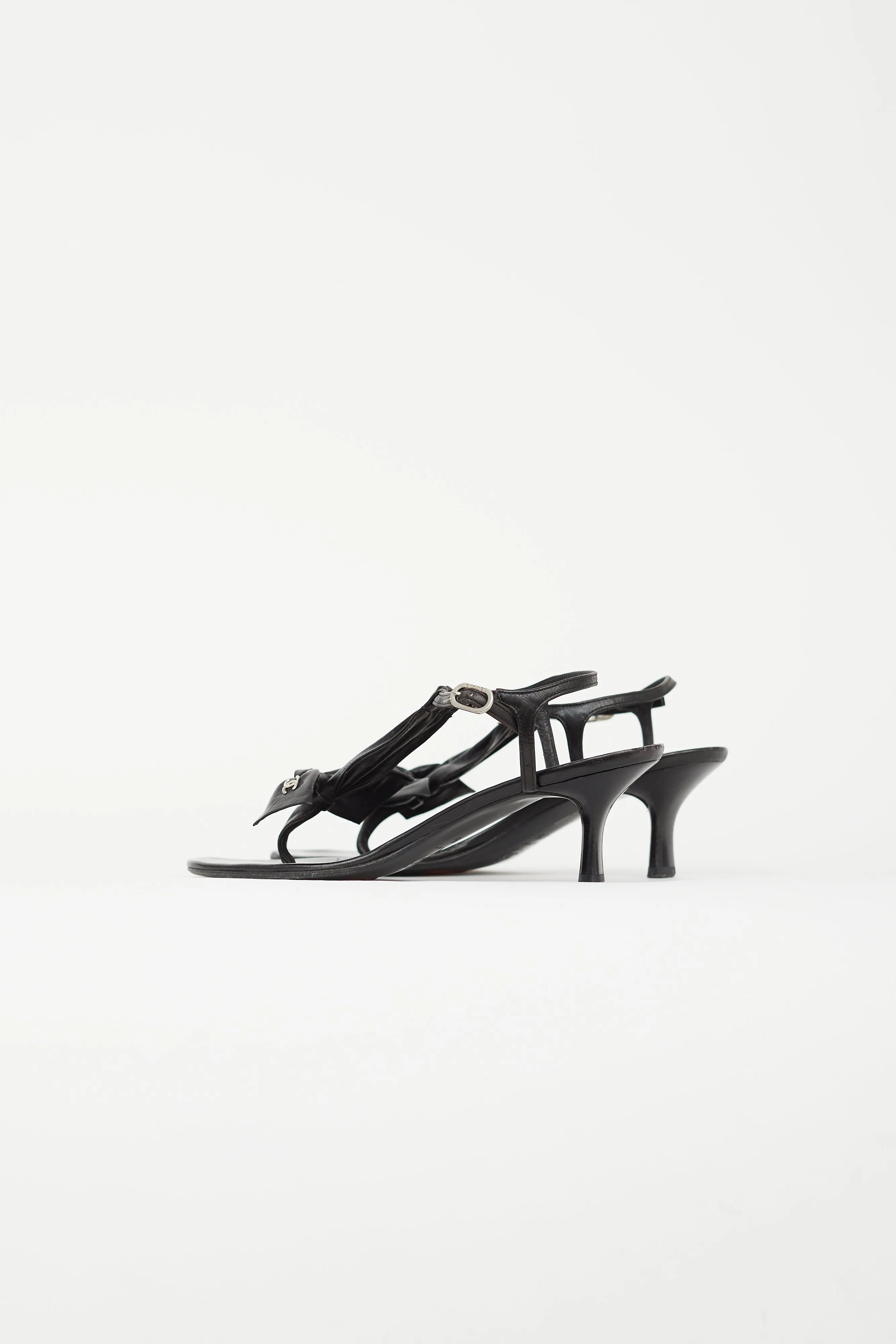 Black Leather Bow Heeled Sandal