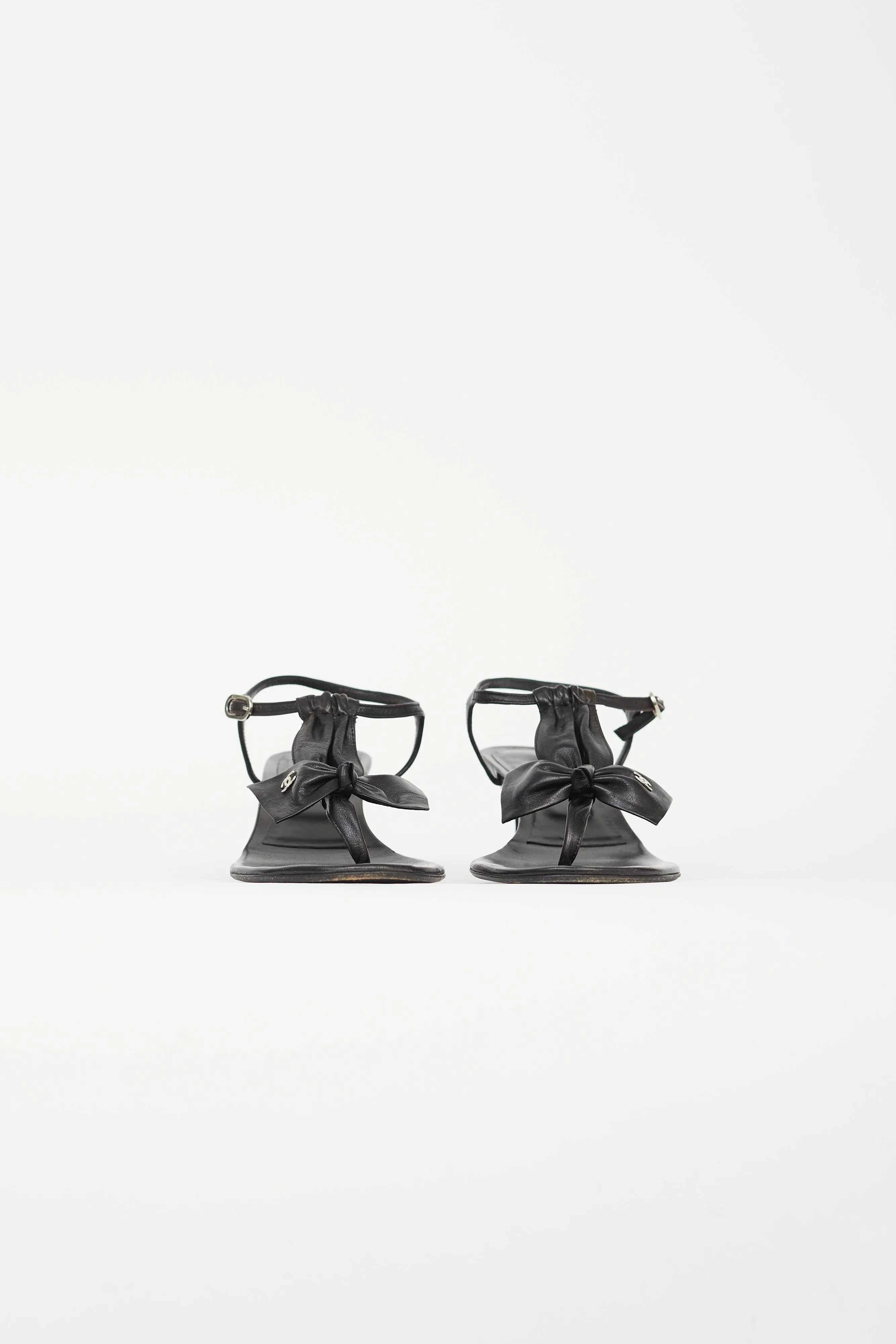 Black Leather Bow Heeled Sandal