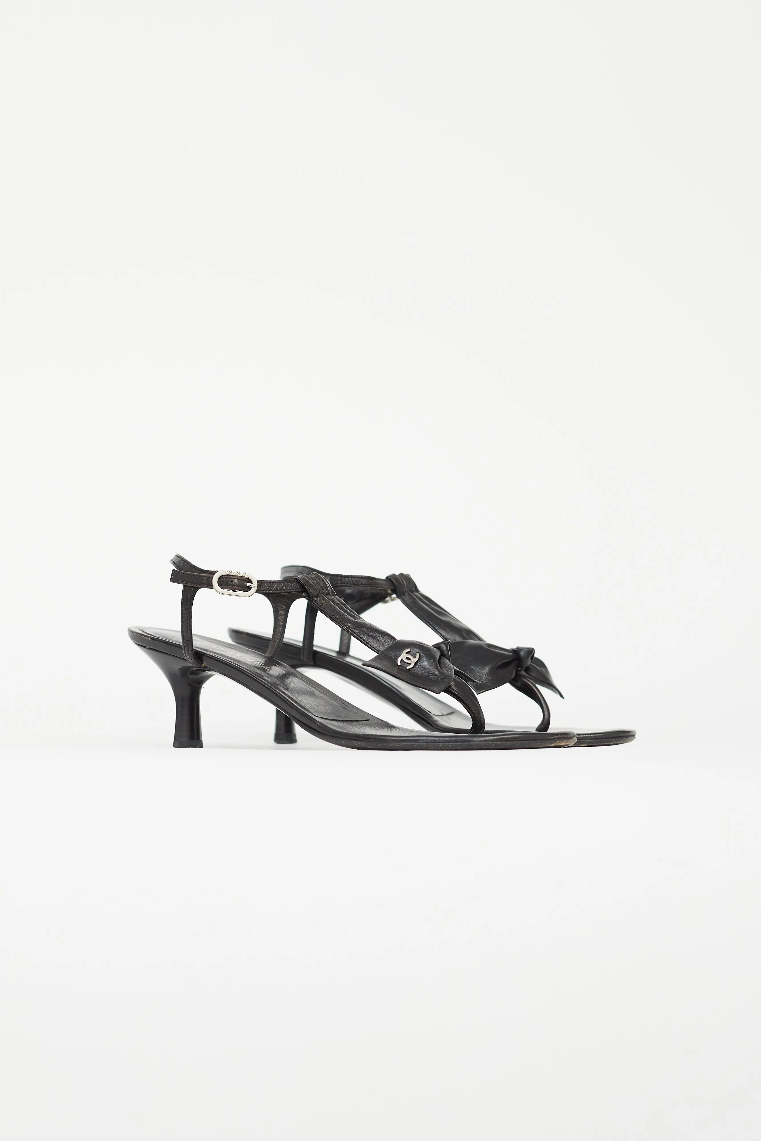 Black Leather Bow Heeled Sandal