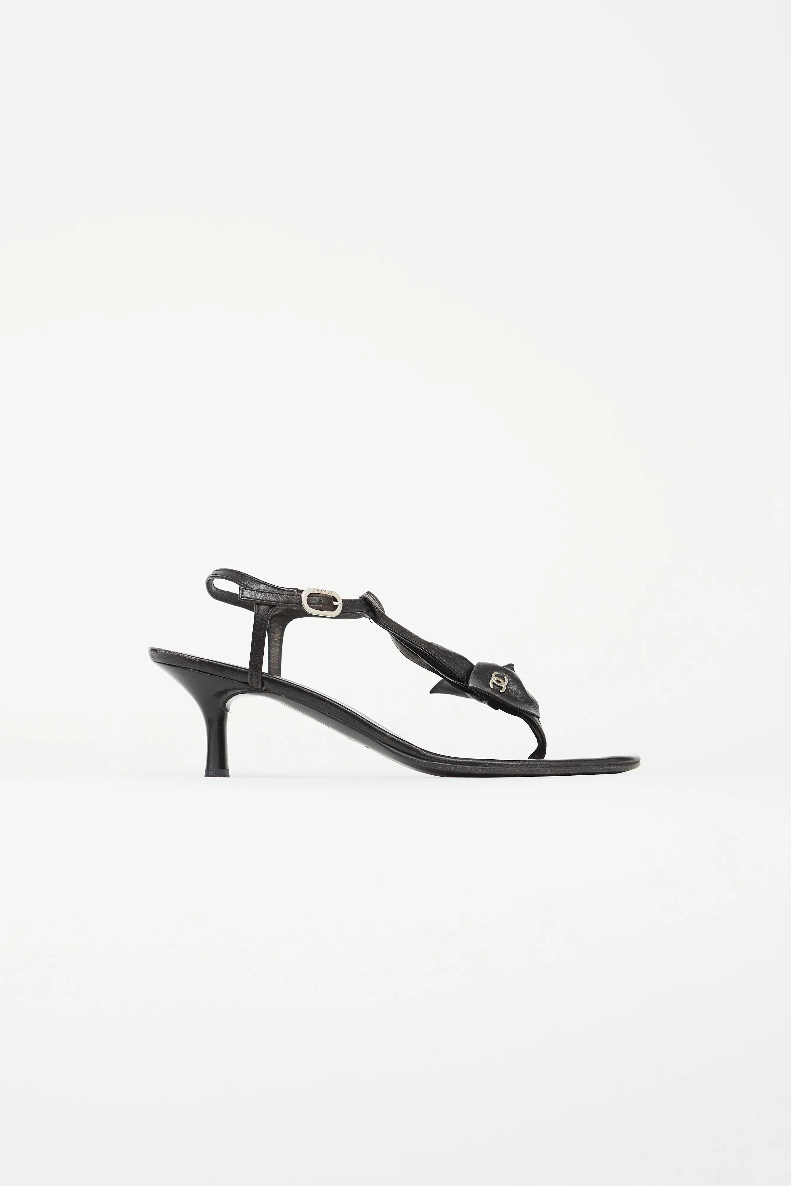 Black Leather Bow Heeled Sandal