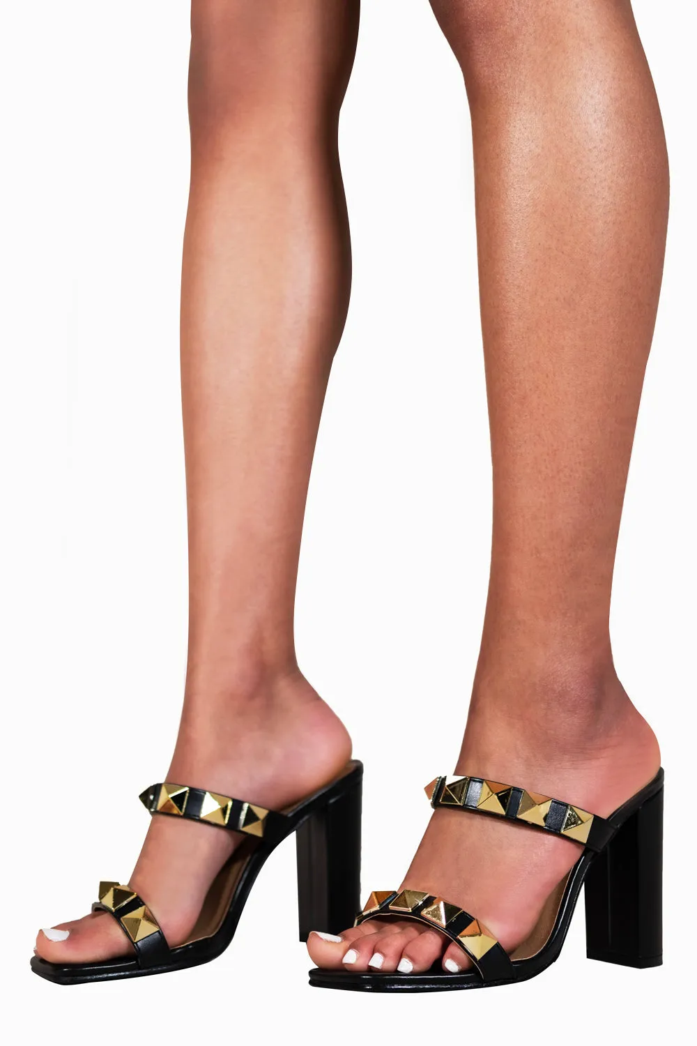 BLACK PU STRAPPY SQUARE TOE BLOCK HEEL WITH STUD DETAILS