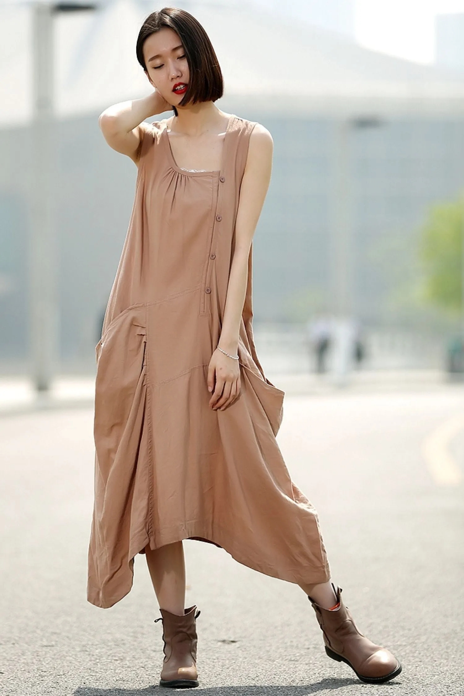 Brown womens long Asymmetrical sleeveless dress C344