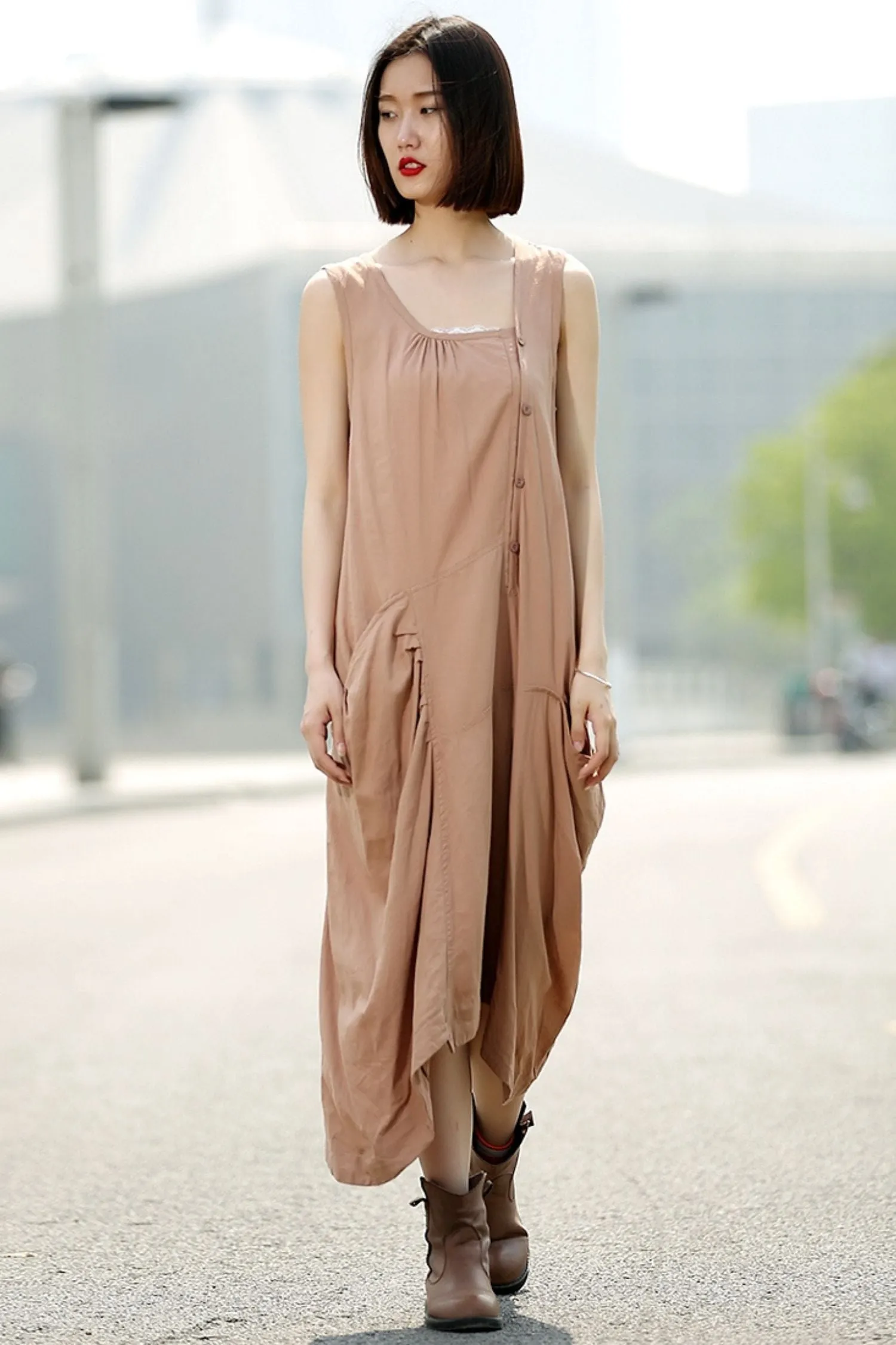 Brown womens long Asymmetrical sleeveless dress C344