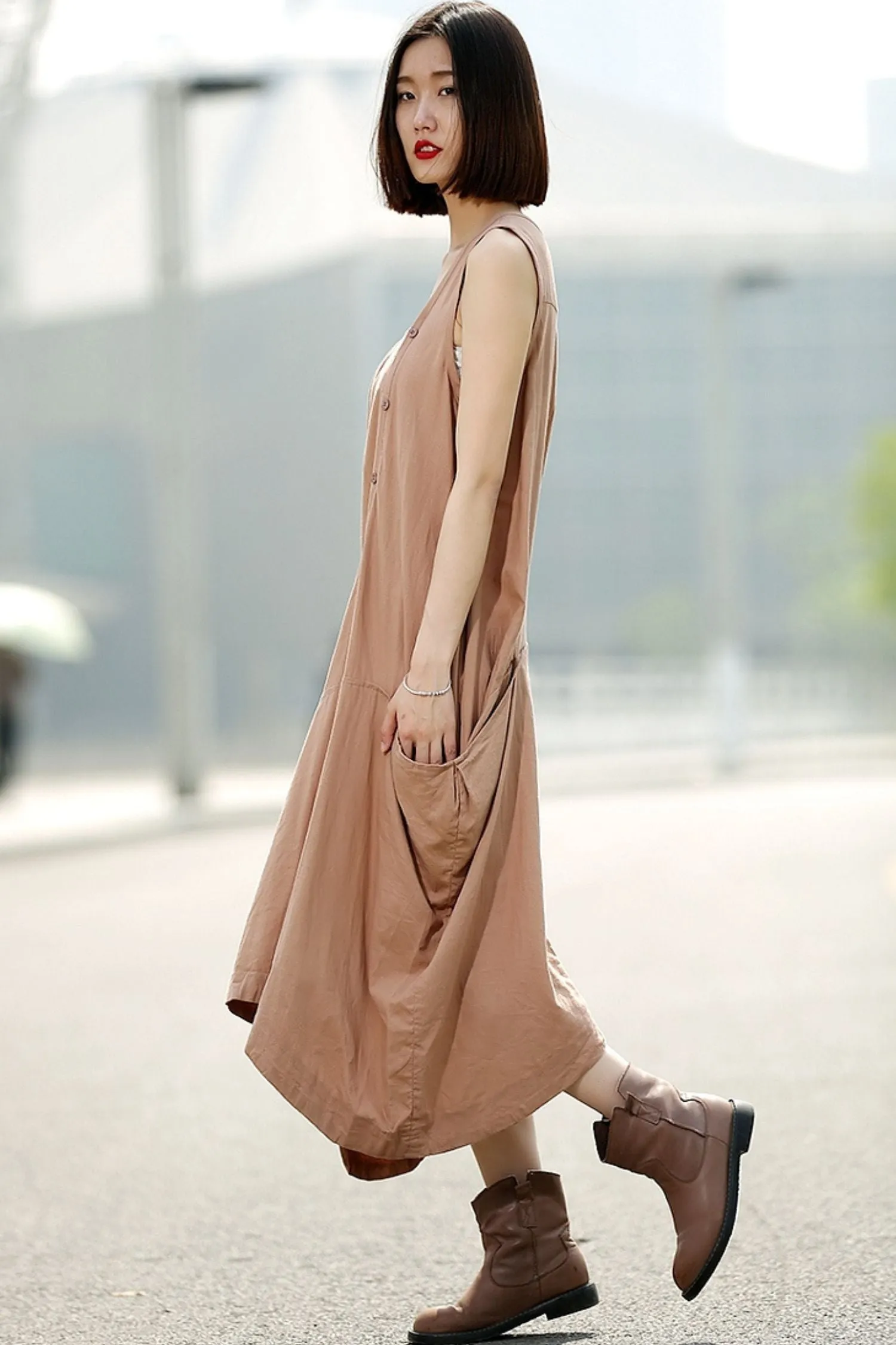 Brown womens long Asymmetrical sleeveless dress C344