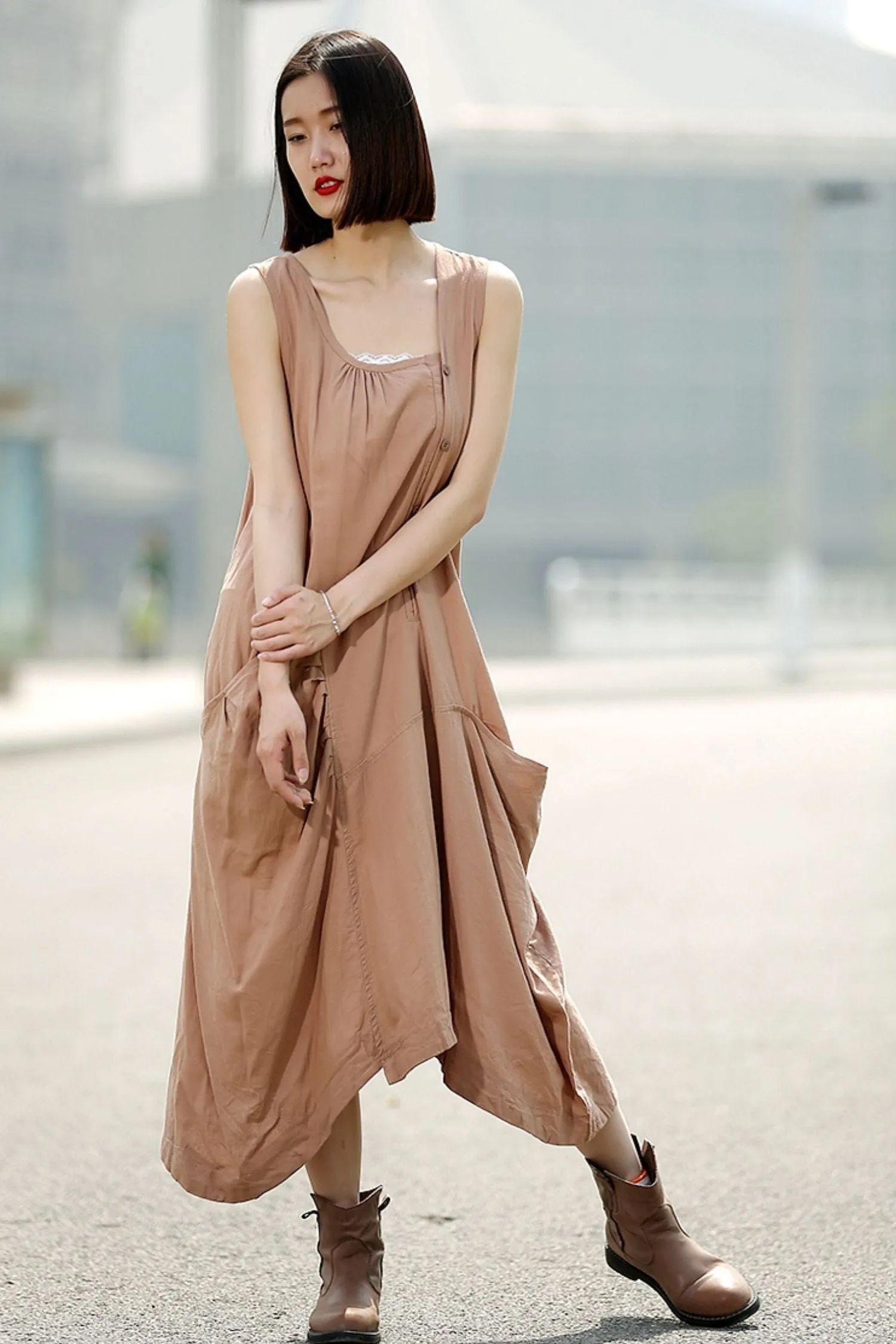 Brown womens long Asymmetrical sleeveless dress C344