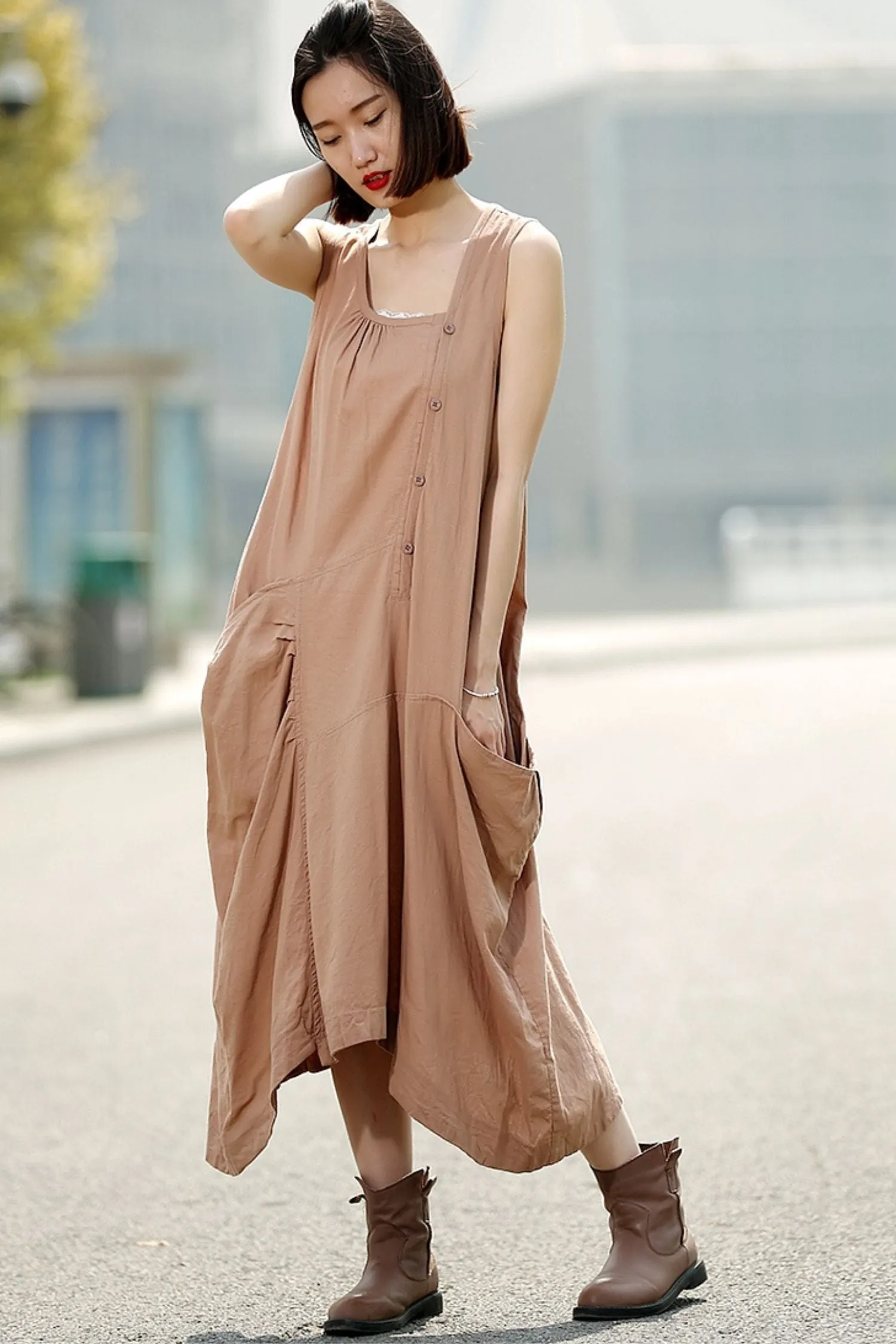 Brown womens long Asymmetrical sleeveless dress C344