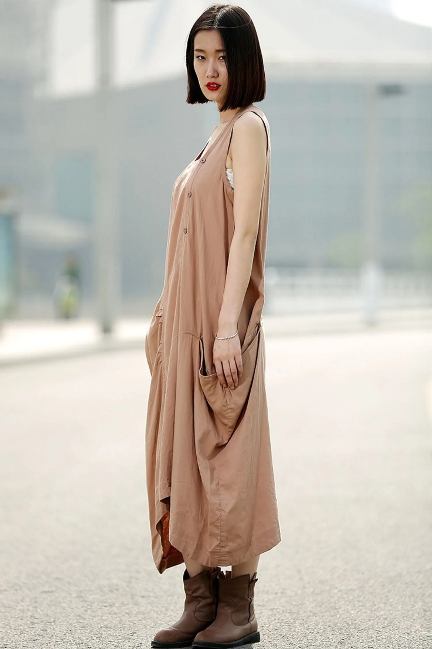 Brown womens long Asymmetrical sleeveless dress C344