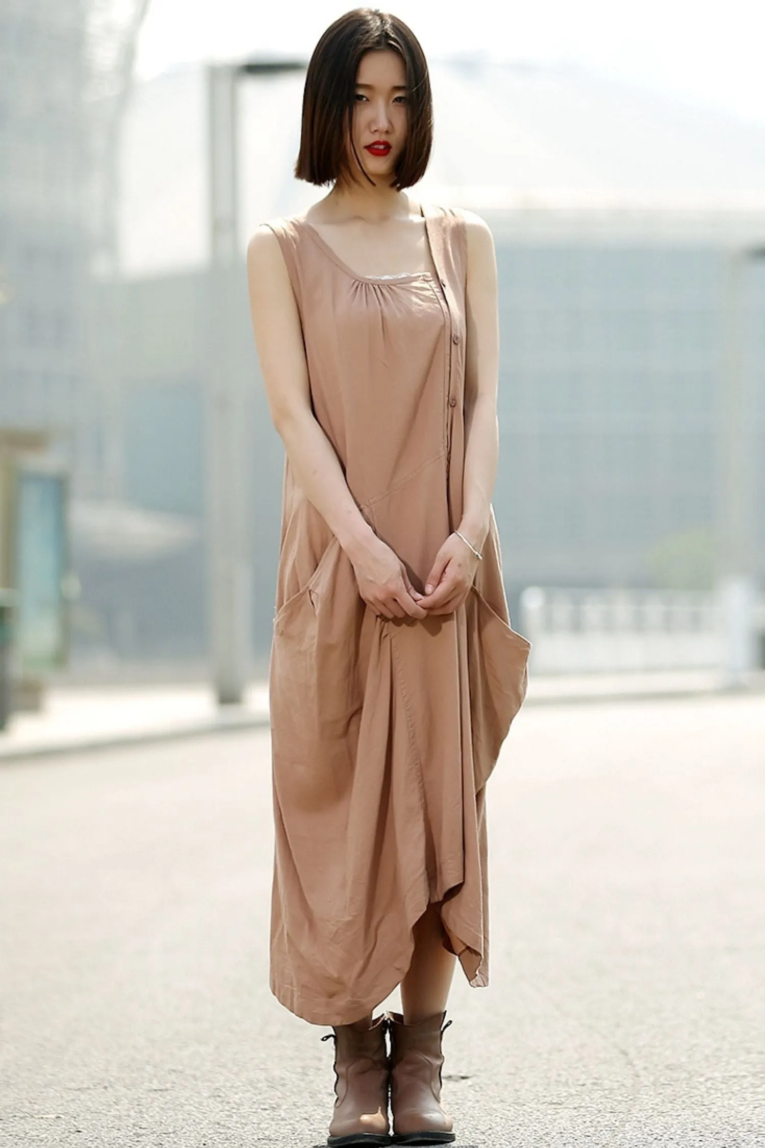 Brown womens long Asymmetrical sleeveless dress C344