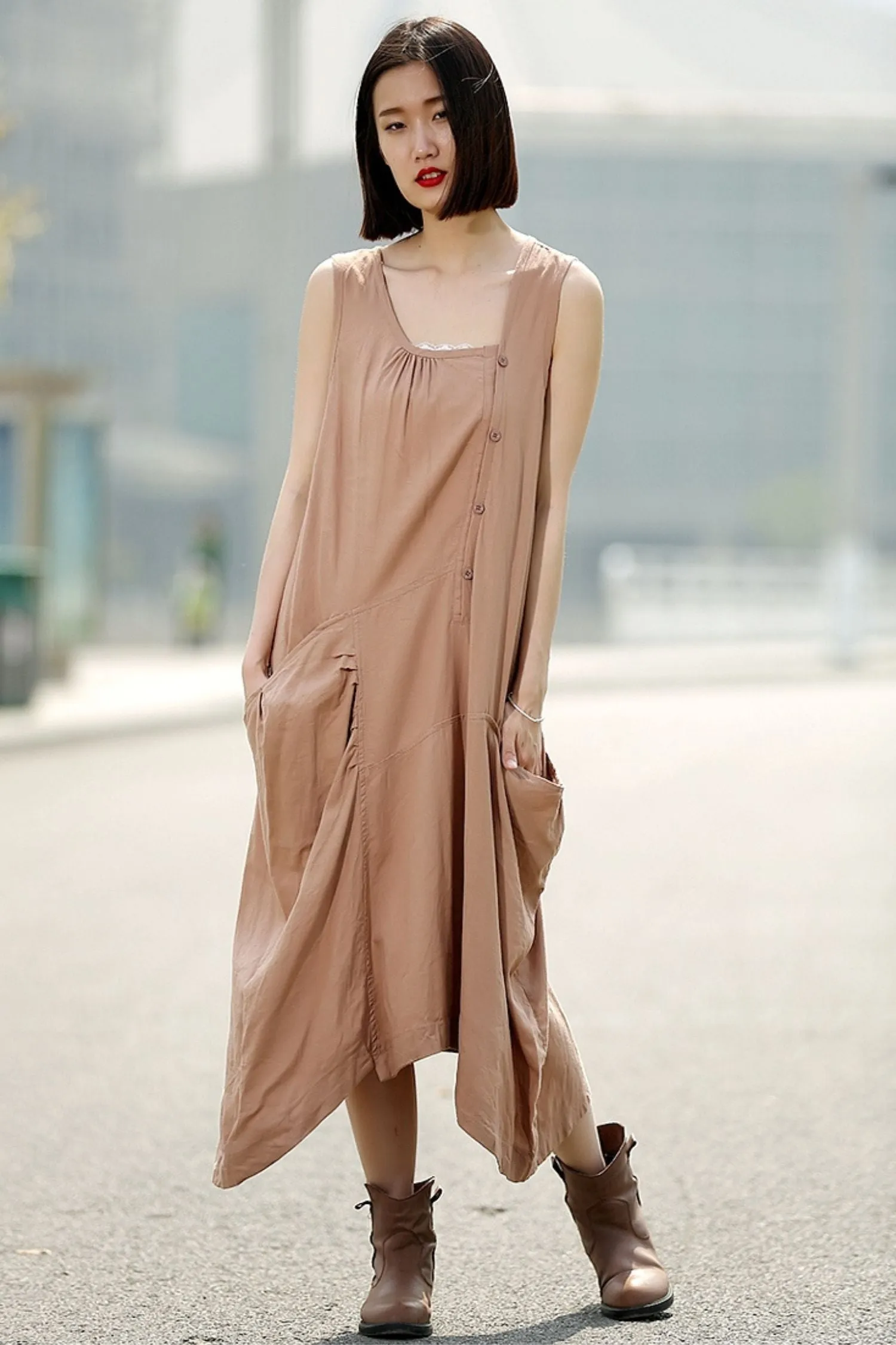 Brown womens long Asymmetrical sleeveless dress C344