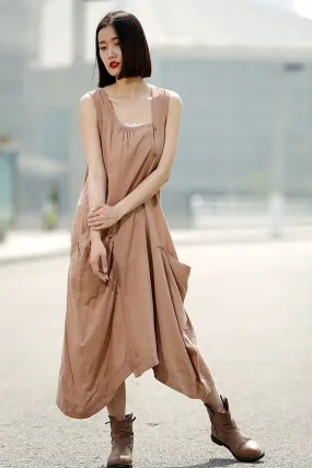 Brown womens long Asymmetrical sleeveless dress C344