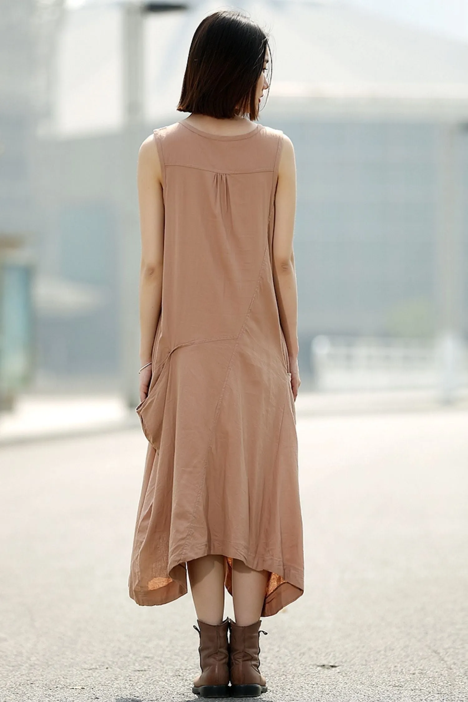 Brown womens long Asymmetrical sleeveless dress C344
