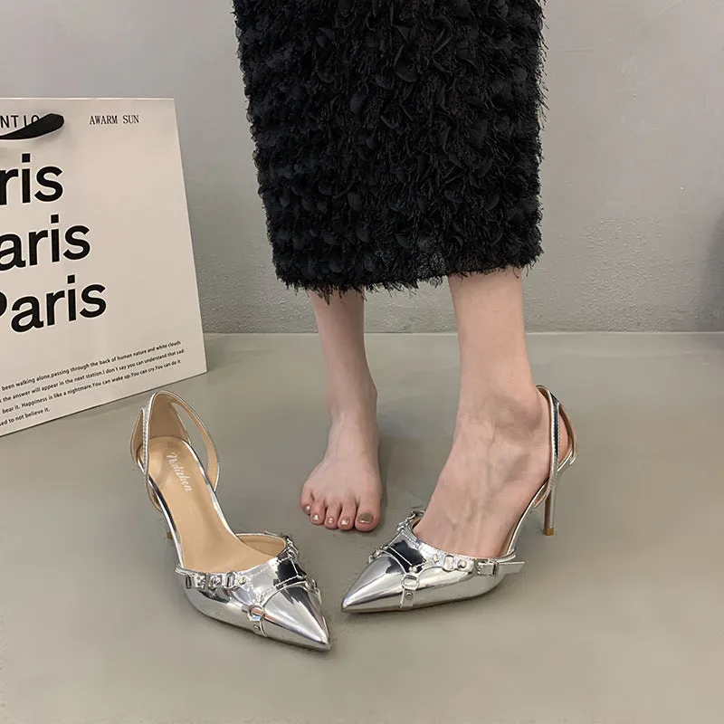 Buckle Strap Metallic Heels