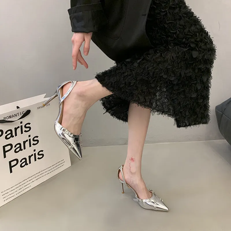 Buckle Strap Metallic Heels