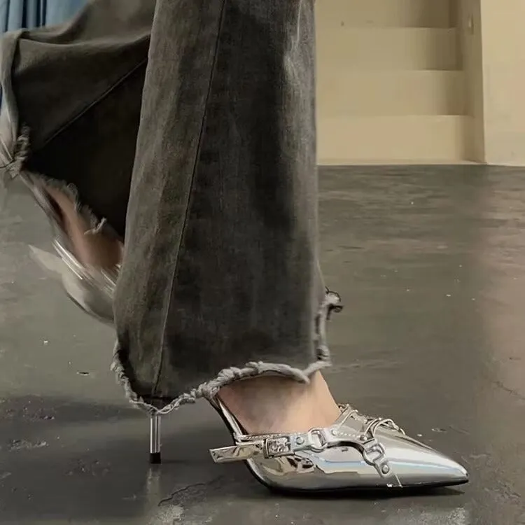 Buckle Strap Metallic Heels