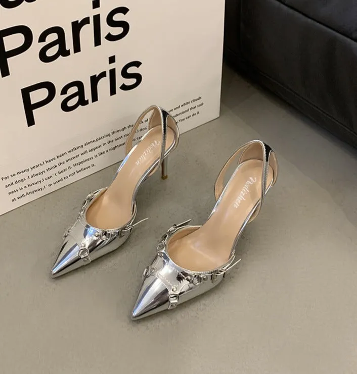 Buckle Strap Metallic Heels