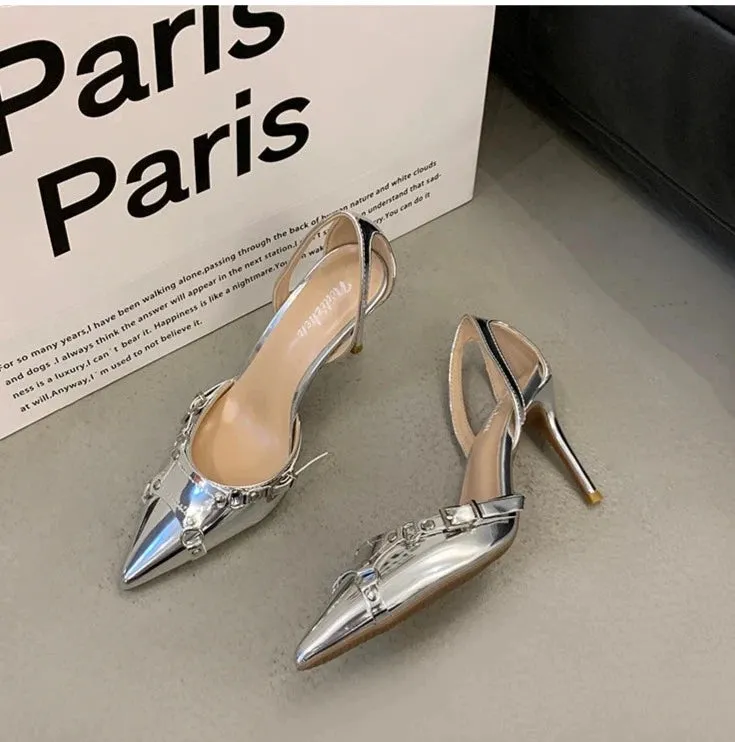 Buckle Strap Metallic Heels