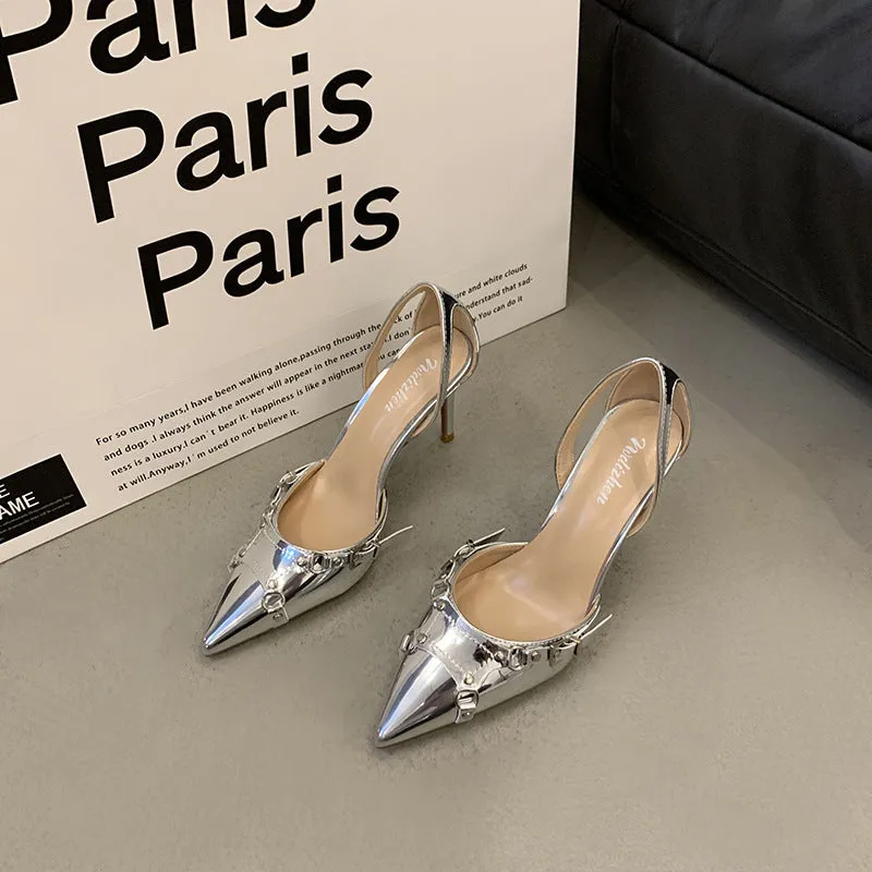 Buckle Strap Metallic Heels