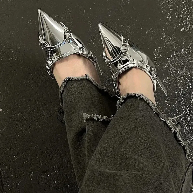 Buckle Strap Metallic Heels