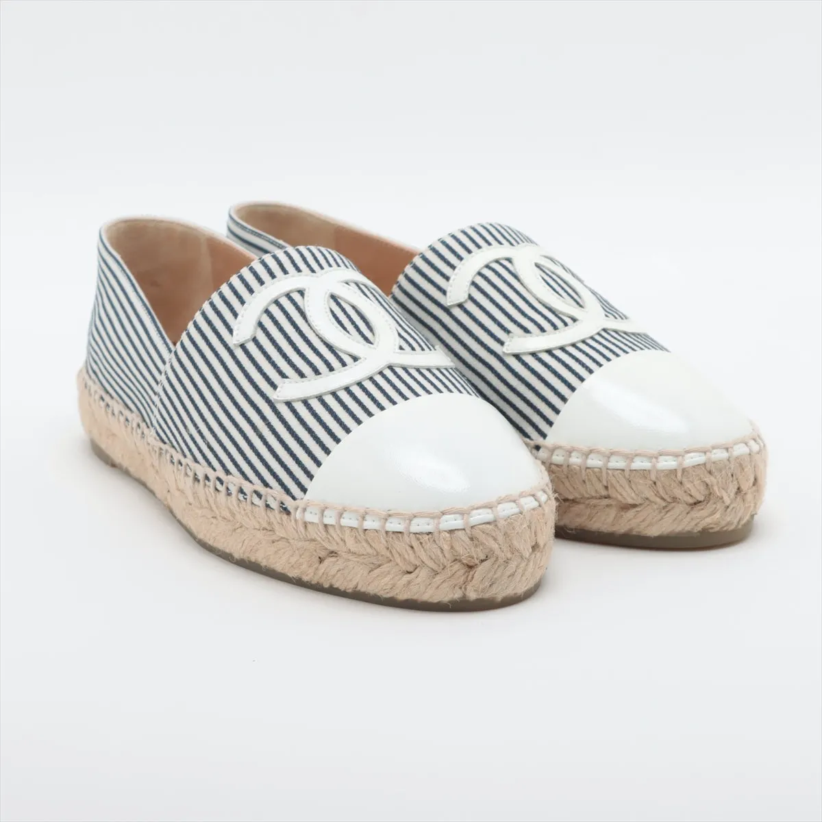 Chanel Coco Leather X Fabric Espadrille 35  Navy X White G29762 Stripe  Bag