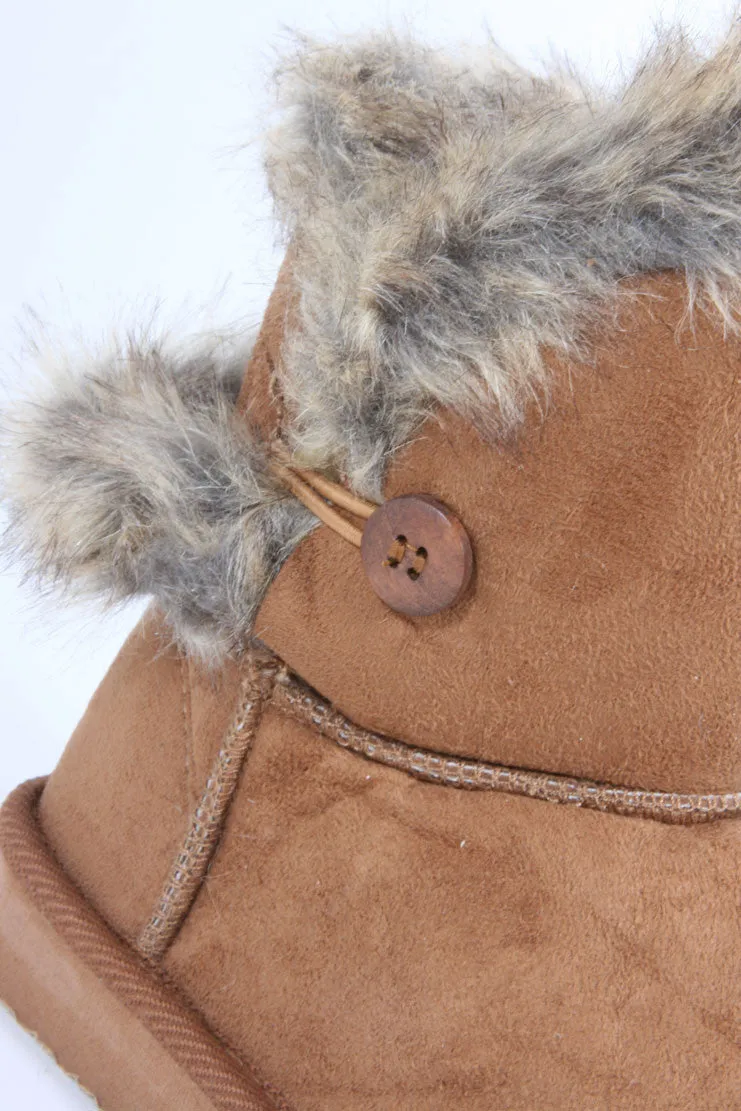 Furry Round Toe Button Ankle Vegan Bootie Chestnut