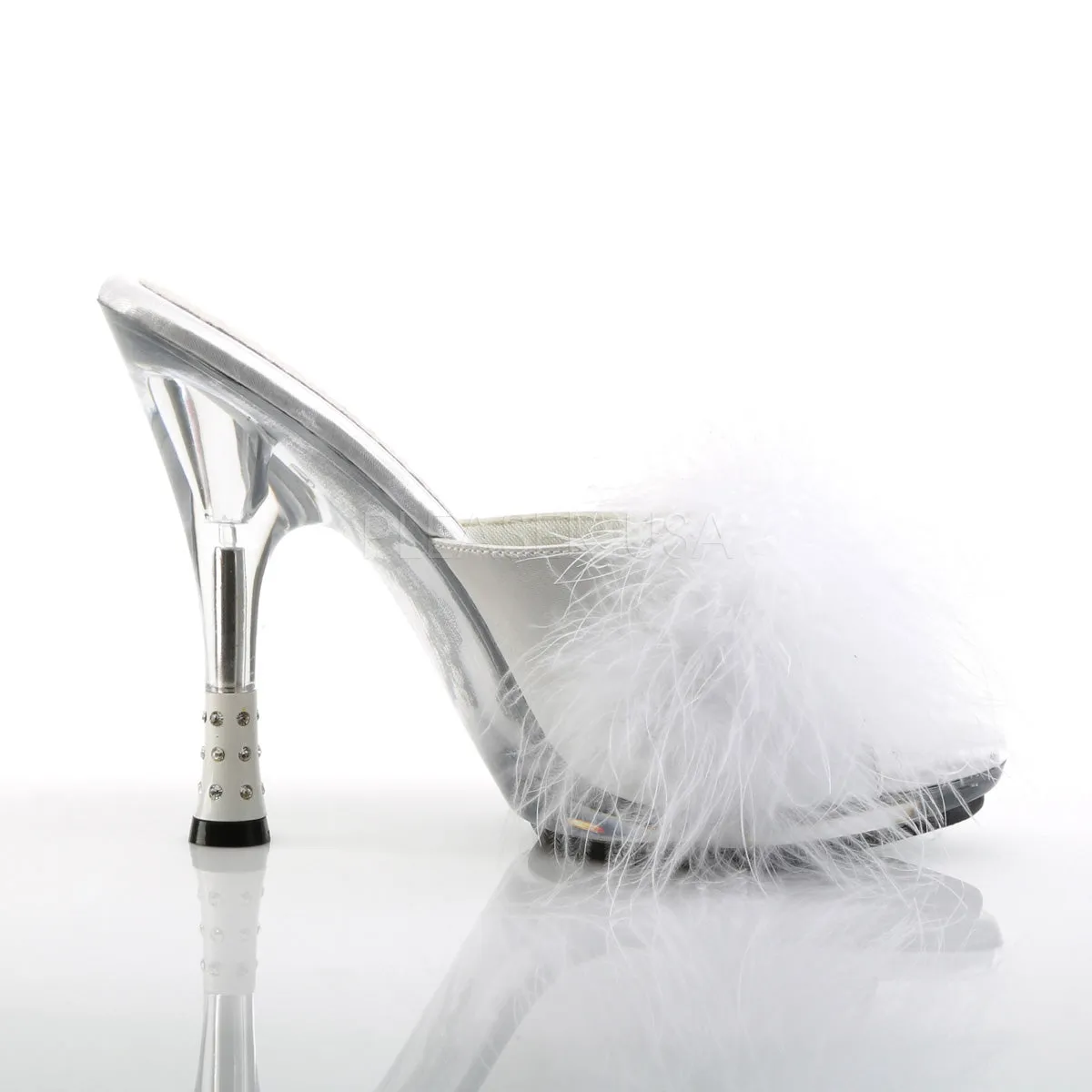 GLITZY-501-8  White Satin Fur/Clear