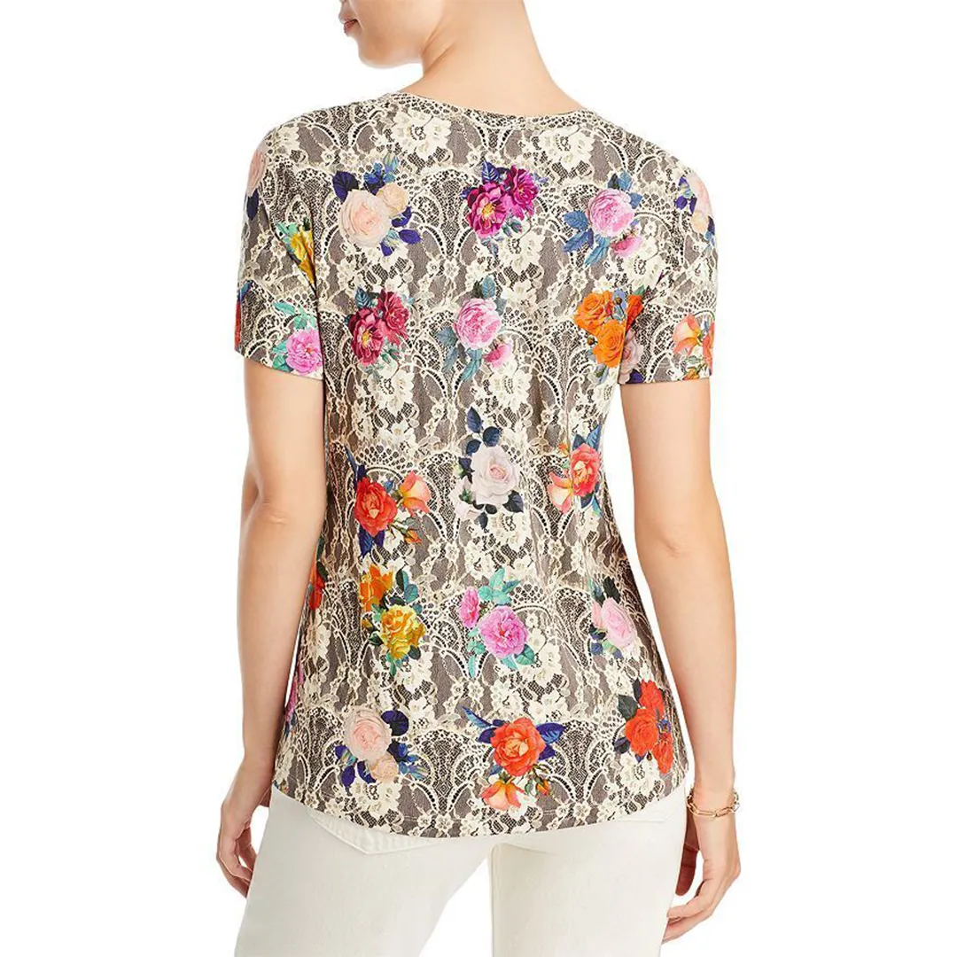 Johnny Was Rose Lace Short V Swing Tee Special Floral Top Shirt Gray Pink NEW