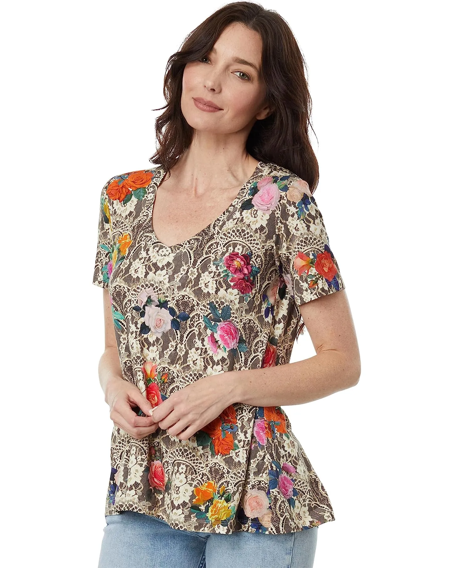 Johnny Was Rose Lace Short V Swing Tee Special Floral Top Shirt Gray Pink NEW