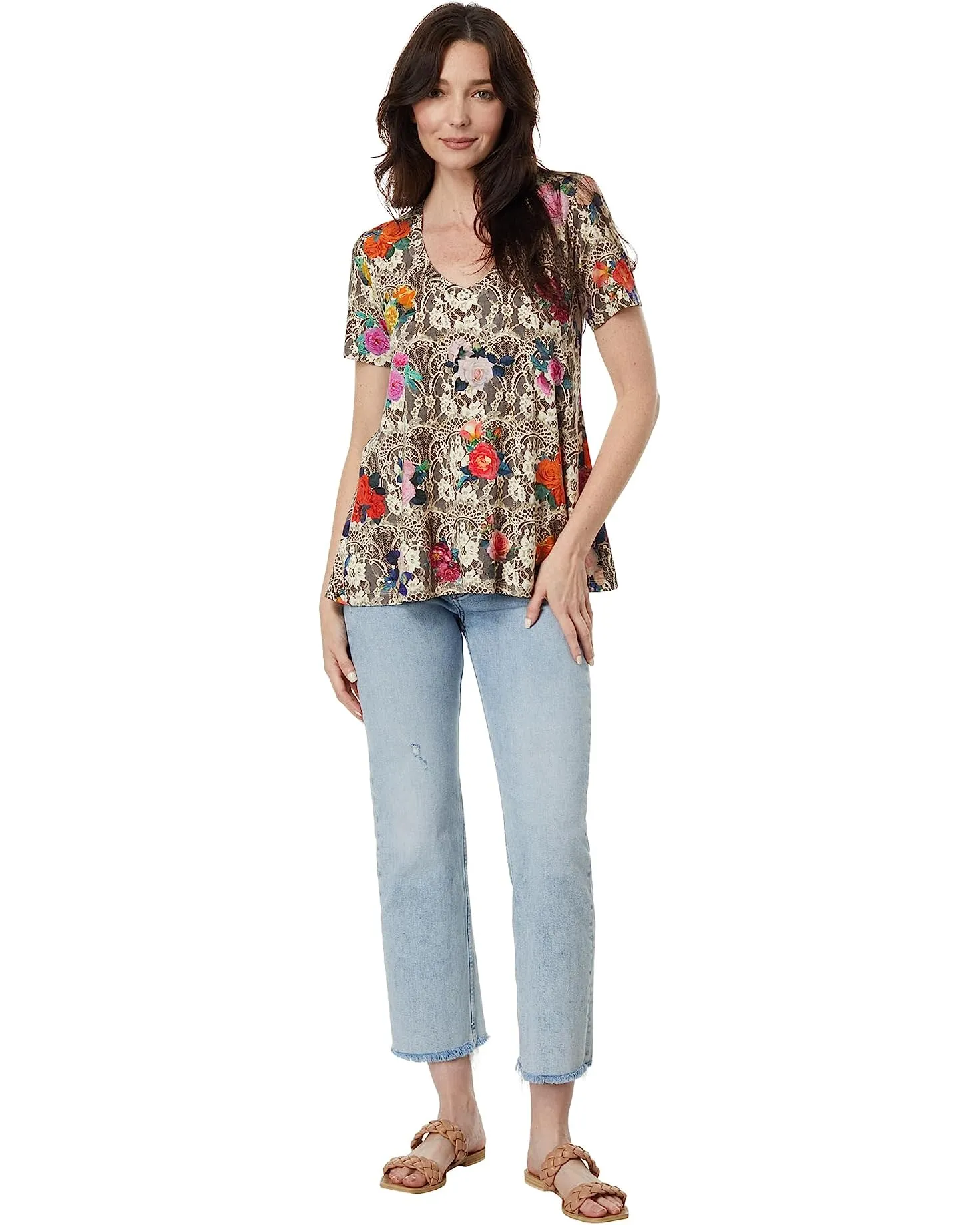 Johnny Was Rose Lace Short V Swing Tee Special Floral Top Shirt Gray Pink NEW