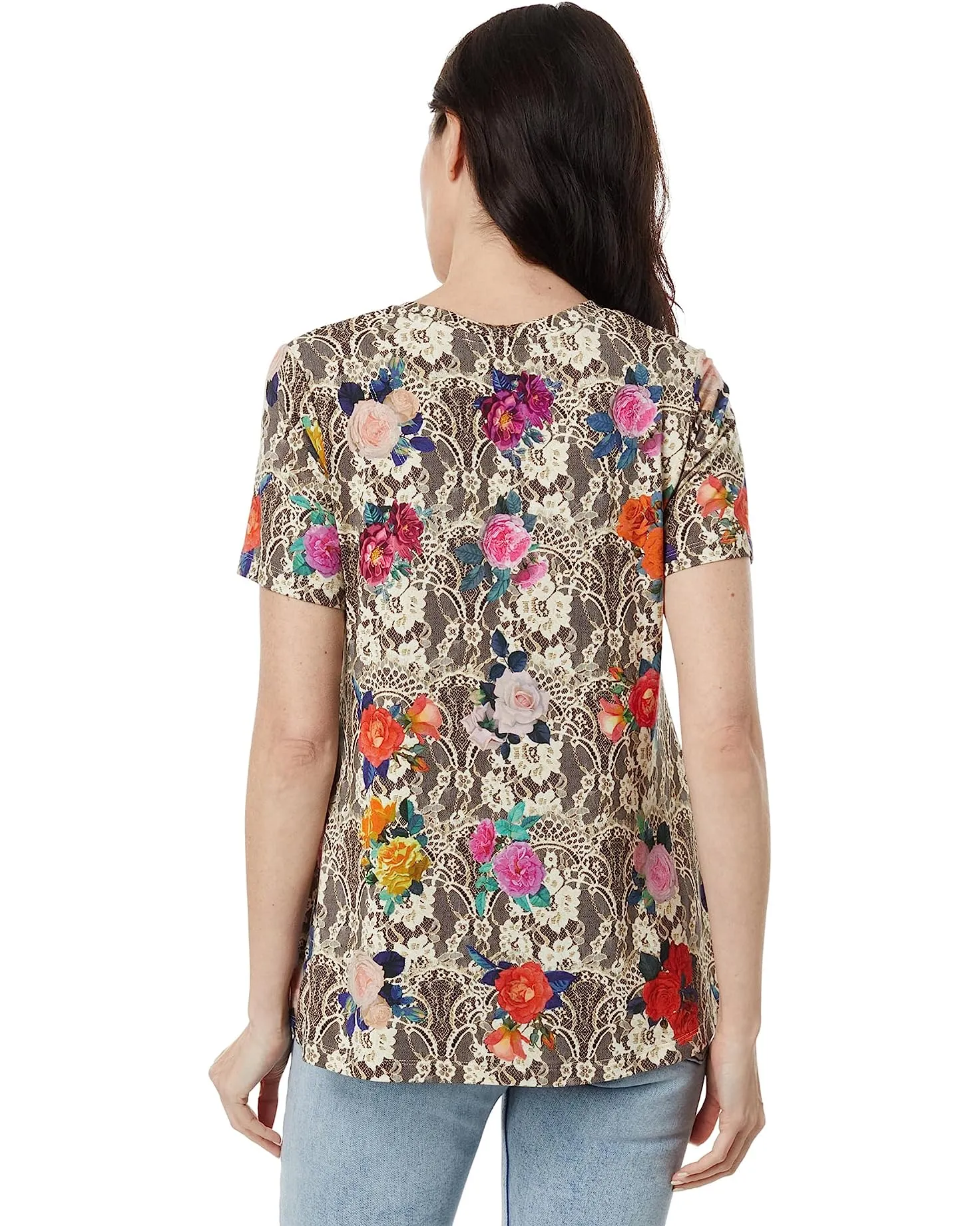 Johnny Was Rose Lace Short V Swing Tee Special Floral Top Shirt Gray Pink NEW