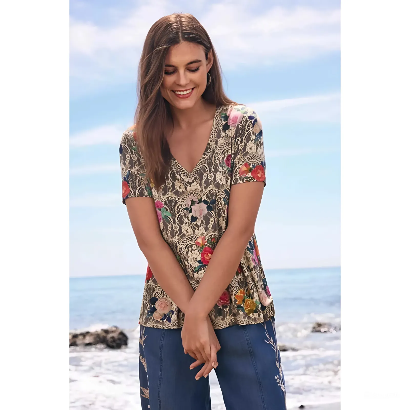Johnny Was Rose Lace Short V Swing Tee Special Floral Top Shirt Gray Pink NEW