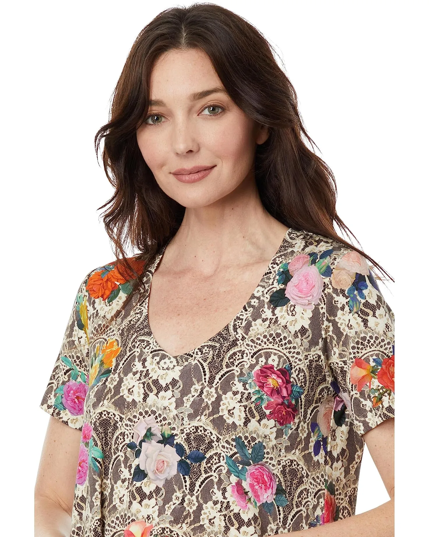 Johnny Was Rose Lace Short V Swing Tee Special Floral Top Shirt Gray Pink NEW