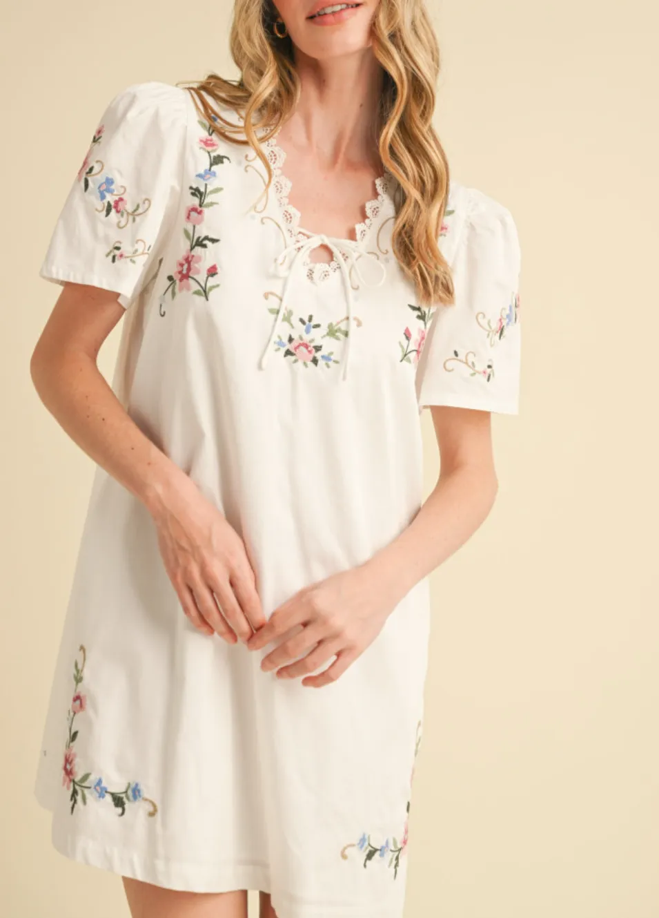 Lace Trim Floral Embroidery Mini Shift Dress