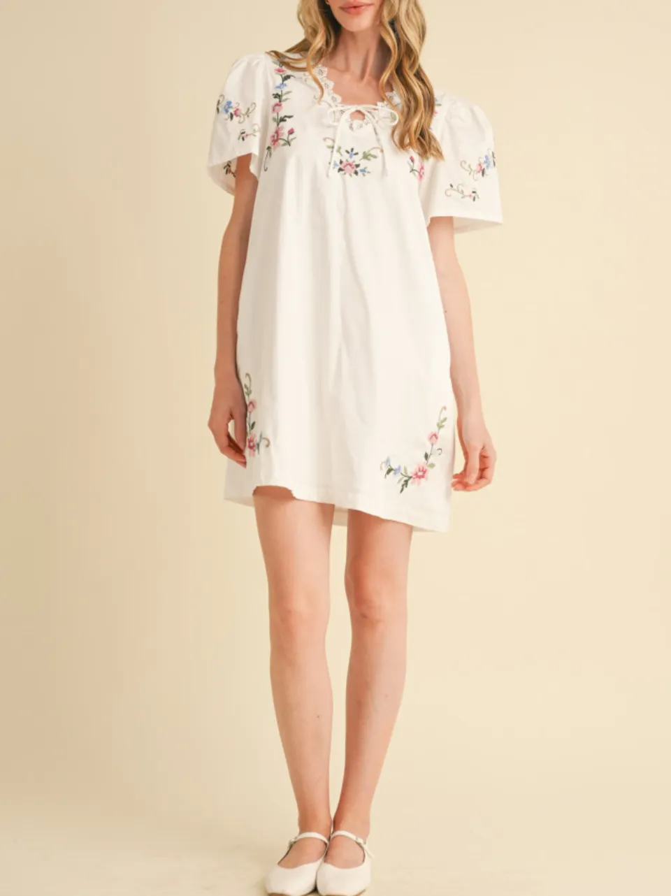Lace Trim Floral Embroidery Mini Shift Dress
