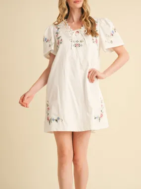Lace Trim Floral Embroidery Mini Shift Dress