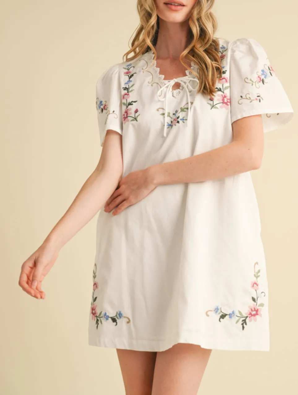 Lace Trim Floral Embroidery Mini Shift Dress