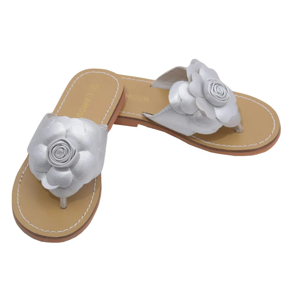Little Big Kids Girls Silver Patent Flower Flip Flop Sandals 11-4 Kids