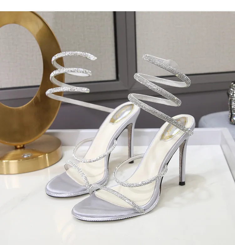 Rhinestone Ankle-strap Winding Heels