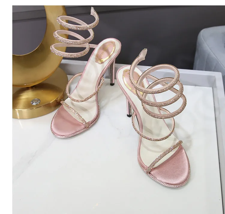 Rhinestone Ankle-strap Winding Heels
