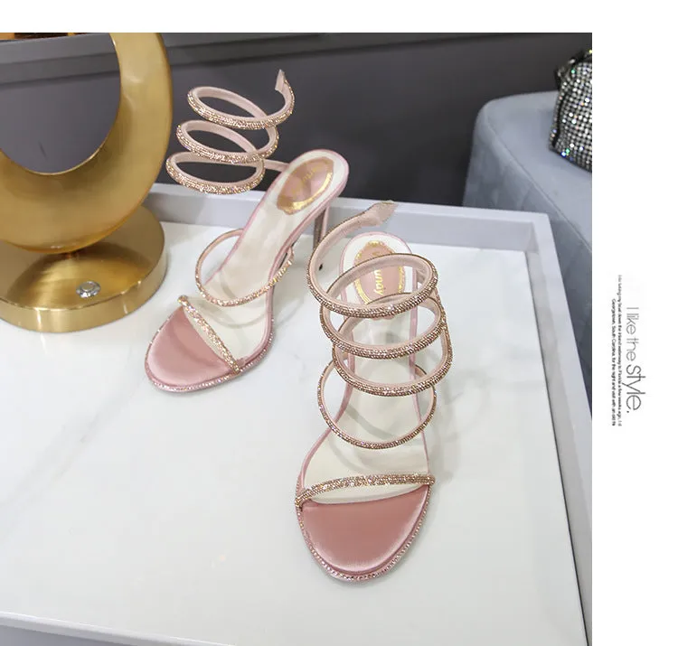 Rhinestone Ankle-strap Winding Heels
