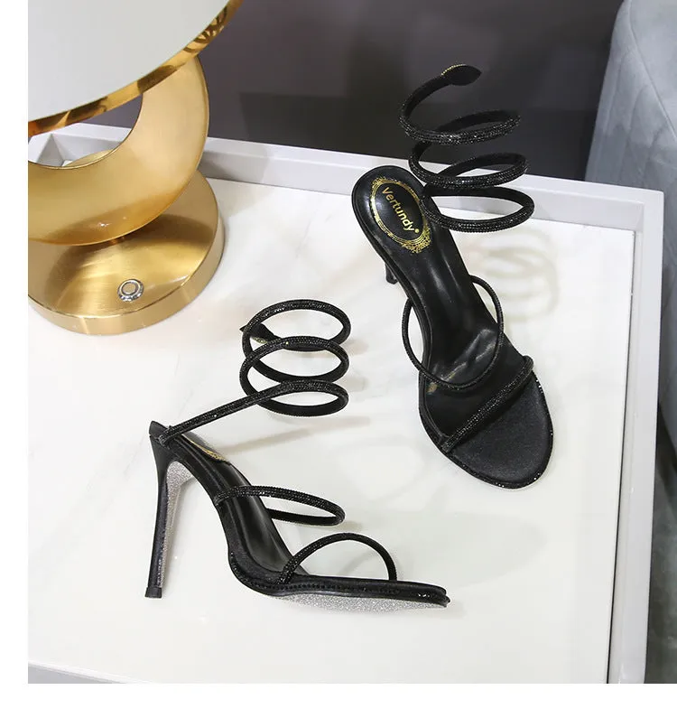 Rhinestone Ankle-strap Winding Heels