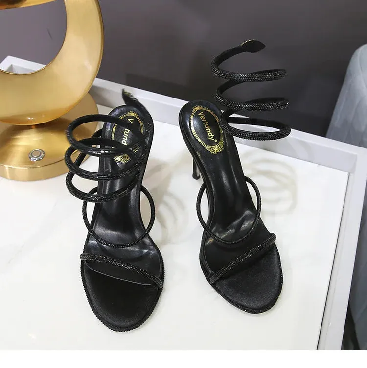 Rhinestone Ankle-strap Winding Heels